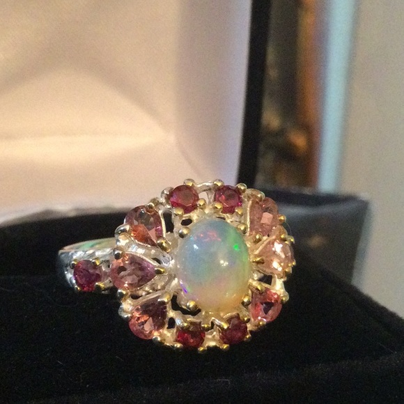Genuine , Natural Fiery Opal & Pink Tourmalines Ring - Picture 8 of 14